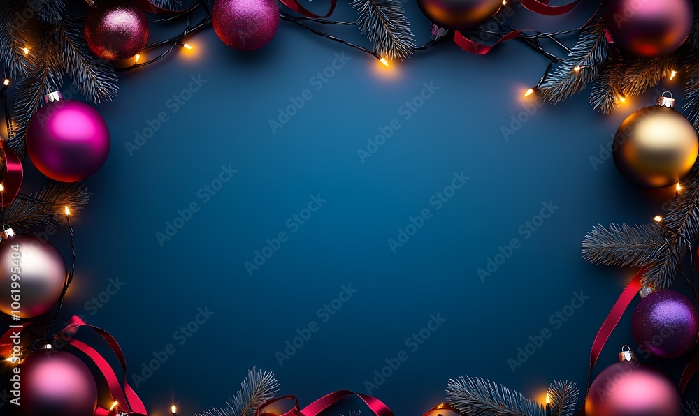 Naklejka premium Colorful Holiday Bauble Frame with Pine Branches and Twinkling Lights on Blue : Generative AI