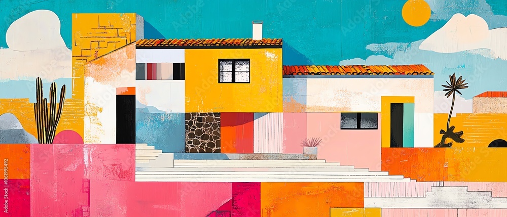 Unique abstract house illustration in a paper collage style, featuring bright colors and playful designs for a fresh, modern aesthetic Unique abstract house illustration in a paper collage style, featuring bright colors and playful designs for a fresh, modern aesthetic