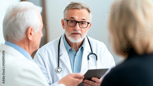 Doctor explaining coverage options to elderly couple, comfortable clinic, gentle lighting