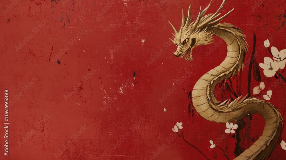 Obraz premium Majestic Golden Dragon with Floral Details