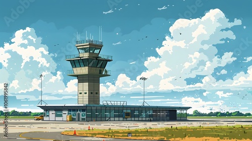 Modern Airport Control Tower and Terminal Building Under Scenic Cloudy Sky