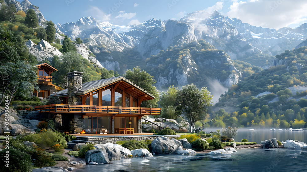 Naklejka premium Rustic Cabin in a Mountain Landscape