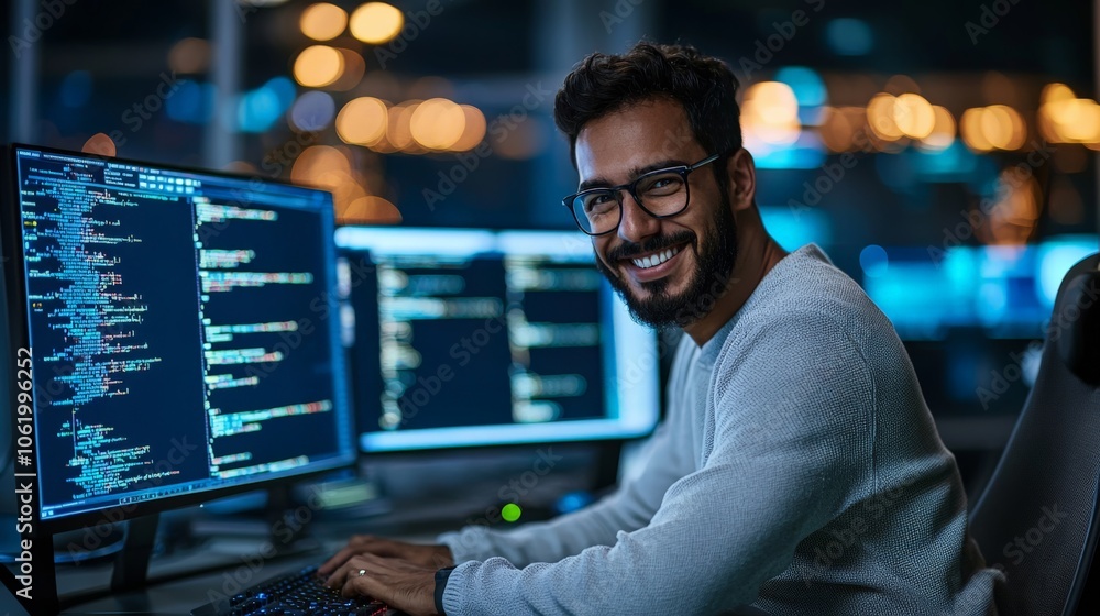 Ethical hacker smiling while using advanced tools to secure networks, feeling fulfilled Ethical hacker smiling while using advanced tools to secure networks, feeling fulfilled