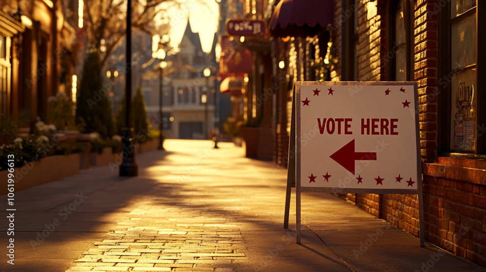 Vote Here Sign on Brick Street with Golden Hour Sunlight Vote Here Sign on Brick Street with Golden Hour Sunlight