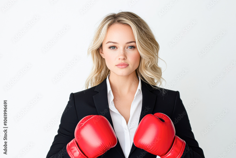 Empowering confidence a strong woman in a business suit with boxing gloves ready to fight for her goals and success Empowering confidence a strong woman in a business suit with boxing gloves ready to fight for her goals and success