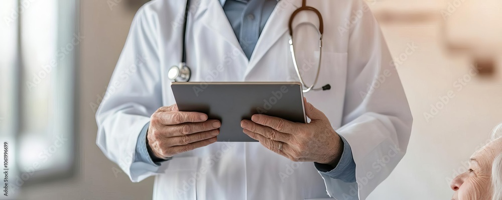 Doctor using tablet to explain insurance benefits to elderly patient, warm lighting, trust concept Doctor using tablet to explain insurance benefits to elderly patient, warm lighting, trust concept