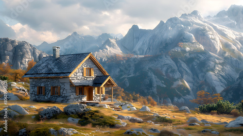 Rustic Cabin with Stone Walls in Natural Landscape