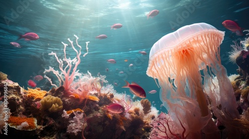 An artistic depiction of a jellyfish salad in an underwater scene, with the ingredients floating amidst coral and marine life, creating a surreal, aquatic tableau. 