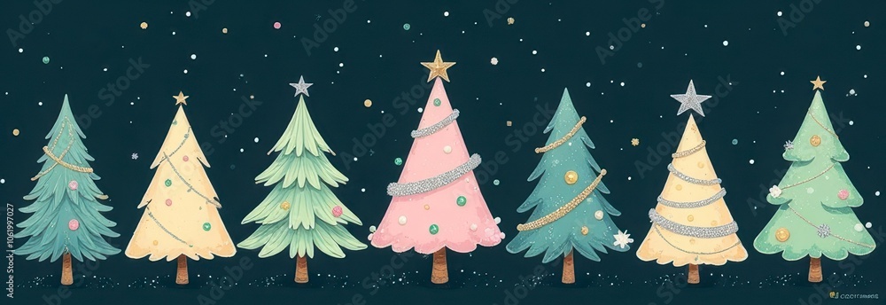 Obraz premium seven beautifully decorated Christmas trees in pastel colors with unique ornaments stars garlands, gold silver accents, black background. Christmas pattern, header, greeting card, seasonal newsletters