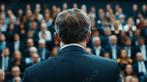 Audience focusing on a speaker at a business conference in a corporate setting, rear view