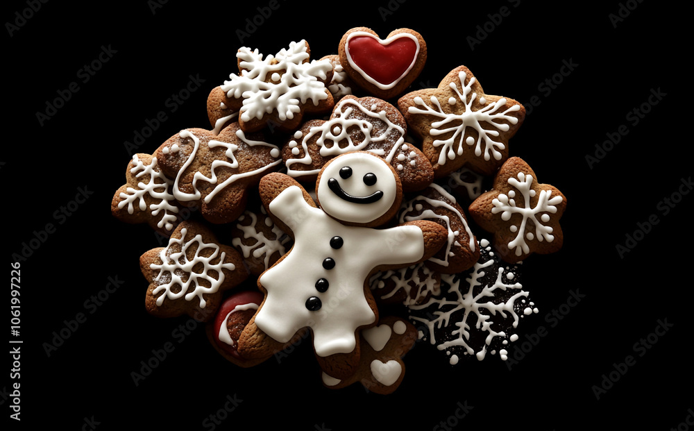 A gingerbread man cookie with a white icing smile sits among other gingerbread cookies in the shape of snowflakes, hearts, and stars A gingerbread man cookie with a white icing smile sits among other gingerbread cookies in the shape of snowflakes, hearts, and stars
