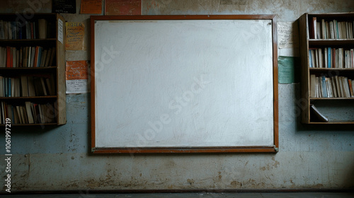 Wallpaper Mural Blank Canvas in a Worn Library: A simple white board hangs on a wall, flanked by old wooden bookshelves filled with worn tomes. Torontodigital.ca