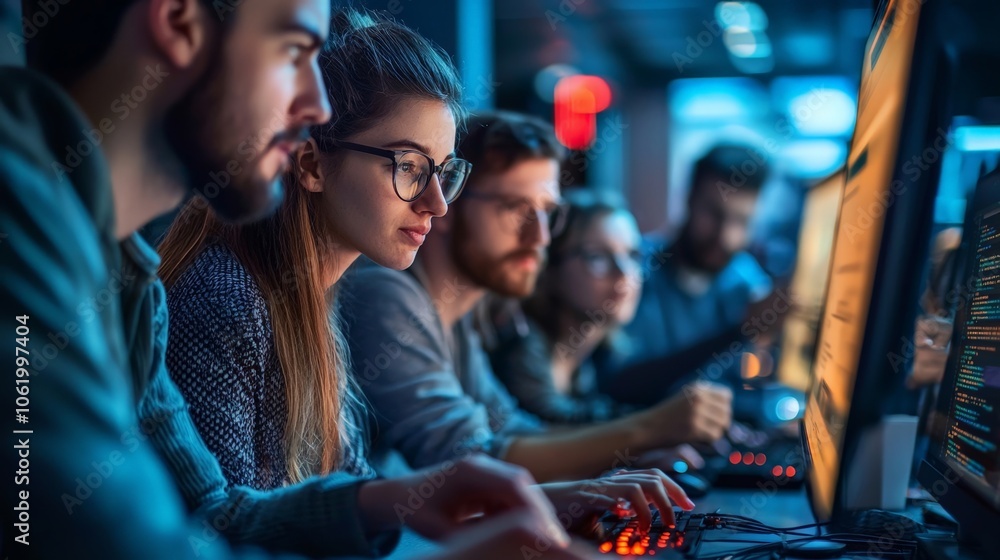 Fototapeta premium Ethical hackers collaborating on vulnerability assessments, sharing ideas and enthusiasm