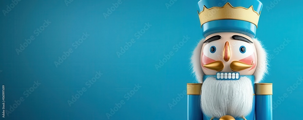 Royal blue Nutcracker with white beard and gold trim, solid deep blue background, 3D illustration Royal blue Nutcracker with white beard and gold trim, solid deep blue background, 3D illustration
