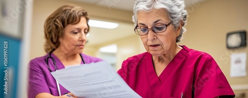 Elderly patient checking insurance documents with nurse s guidance, compassionate clinic setting photo