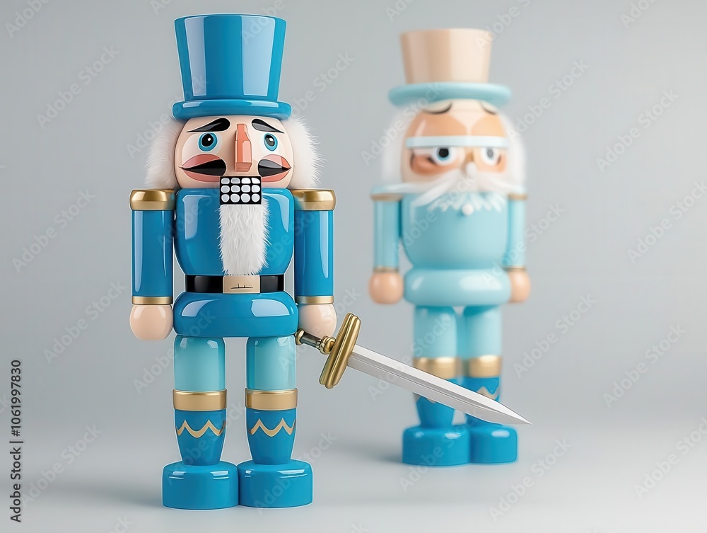 Naklejka premium Whimsical Nutcracker in shades of blue, holding a sword, solid gray background, 3D illustration