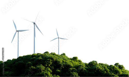 Wind turbines on a green hill, representing renewable energy and sustainability isolate on transparent background, cutout, png photo