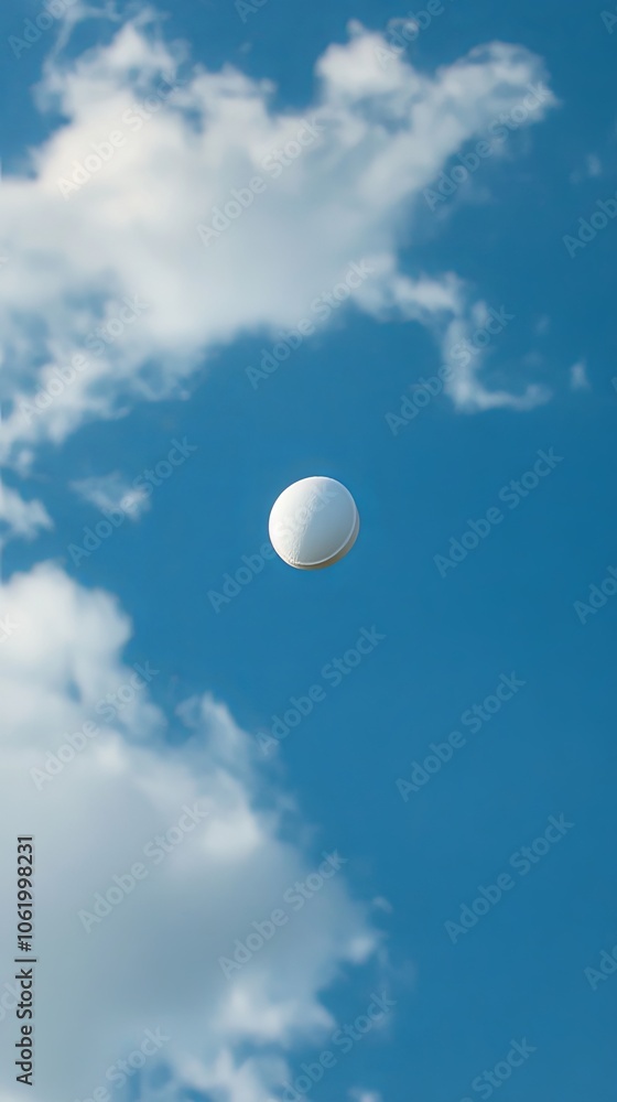 White Ball Soaring Against Blue Sky with Clouds White Ball Soaring Against Blue Sky with Clouds