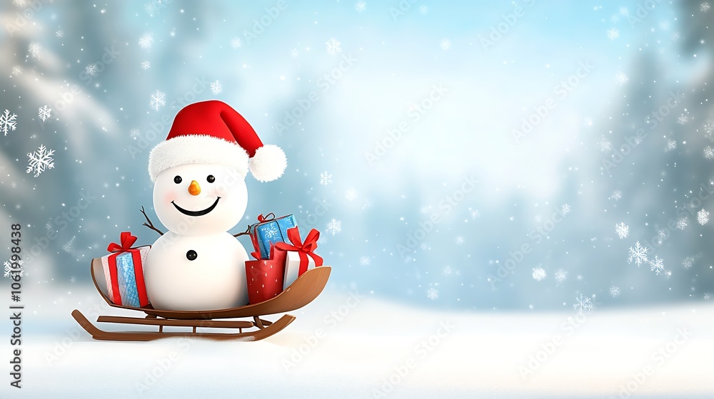 Cheerful Snowman in Santa Hat Surrounded by Festive Gifts on Wooden Sled in Winter Wonderland Scene : Generative AI Cheerful Snowman in Santa Hat Surrounded by Festive Gifts on Wooden Sled in Winter Wonderland Scene : Generative AI