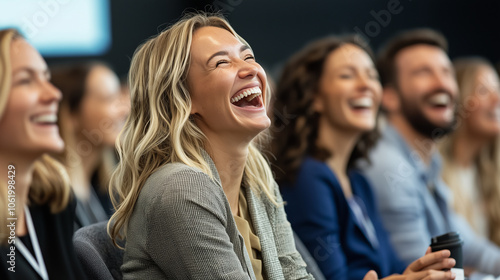 Audience laughing and smiling in response to a speaker's engaging presentation