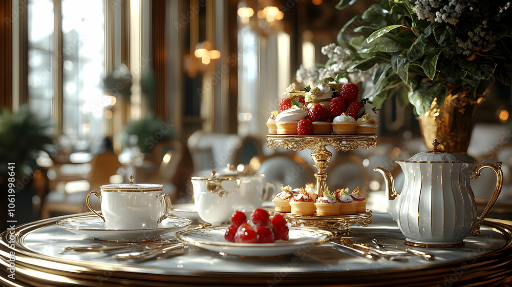 Elegant Tea Party Setting with Delicate Pastry and Teapot - Realistic Image Elegant Tea Party Setting with Delicate Pastry and Teapot - Realistic Image