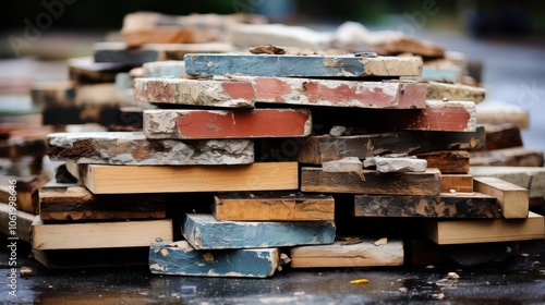 A weathered and worn stack of wooden planks, remnants of a bygone era, arranged in a haphazard yet aesthetically pleasing composition. photo