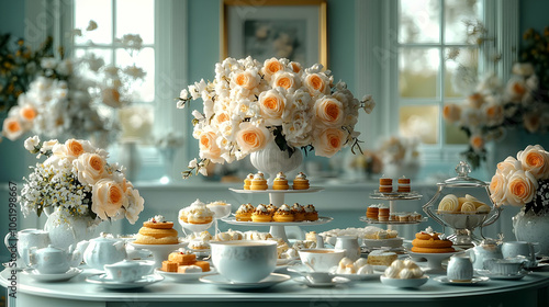 Elegant Afternoon Tea Table Setting with Flowers - Realistic Image