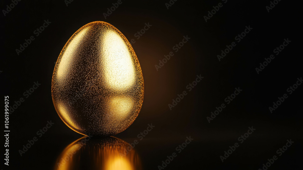 Golden Egg of Opportunity: A solitary, gleaming golden egg sits on a dark surface, its reflection shimmering in the soft light. A symbol of potential, wealth, and new beginnings. Golden Egg of Opportunity: A solitary, gleaming golden egg sits on a dark surface, its reflection shimmering in the soft light. A symbol of potential, wealth, and new beginnings.