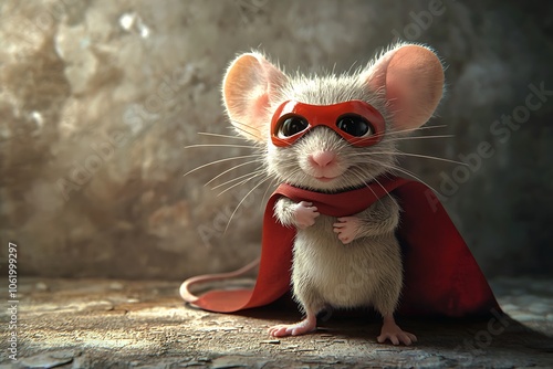 Cute superhero mouse wearing a mask and cape.