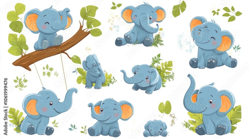 Cute Cartoon Elephants in Various Poses Cute Cartoon Elephants in Various Poses