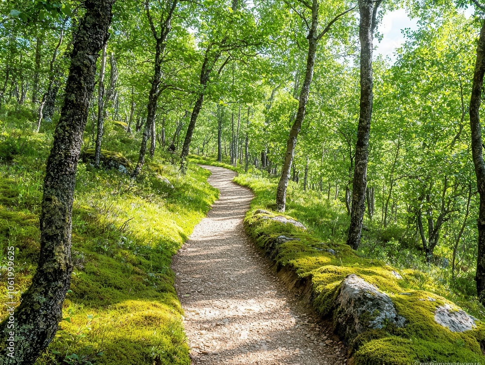 A narrow trail winding through a shaded forest, moss and lichen covering the ground and rocks, with dappled sunlight peeking through the trees, inviting and peaceful A narrow trail winding through a shaded forest, moss and lichen covering the ground and rocks, with dappled sunlight peeking through the trees, inviting and peaceful