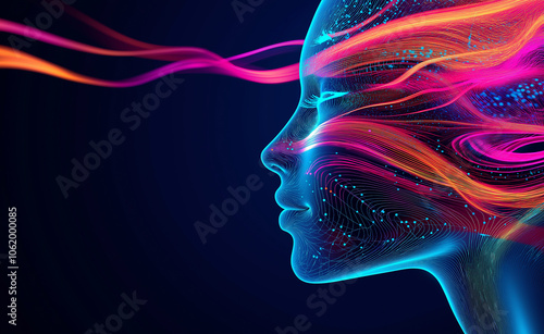 Digital illustration of a human face with vibrant, flowing neon lines symbolizing artificial intelligence and neural connections. photo