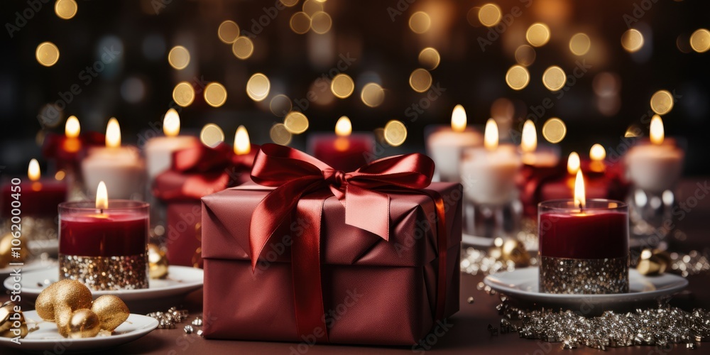 Fototapeta premium A single red gift box with a satin bow sits in the middle of the table surrounded by flickering candles and scattered gold ornaments.
