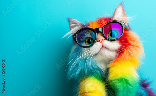 Colorful rainbow-furred kitten wearing black glasses, set against a bright blue background.