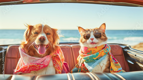 Fun-Loving Dog and Cat Enjoying a Coastal Car Ride