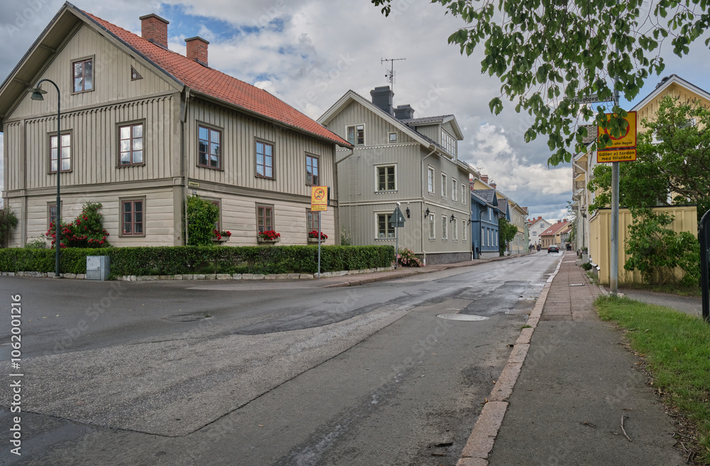 Naklejka premium Impressions from the wooden town of Hjo at Lake Vaettern in Skaraborg Sweden on a sunny summer day