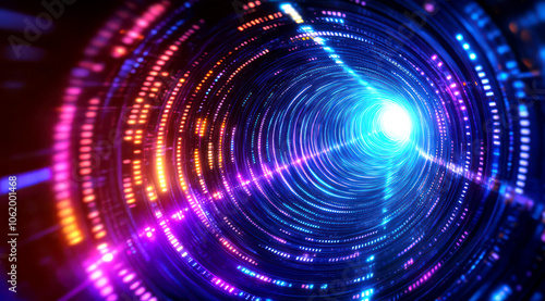 Technology background with vibrant light trails and circular motion effects.