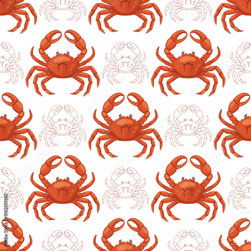 A seamless pattern of bright red crabs on a white background