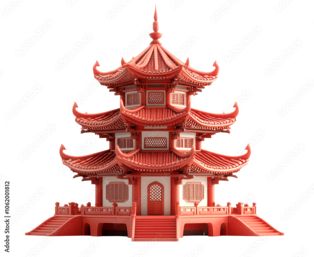Naklejka premium Red pagoda with intricate details isolate on transparent background, png, cutout
