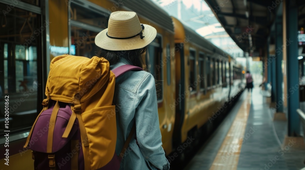 Young Asian woman traveler walking beside train with backpack Young Asian woman traveler walking beside train with backpack