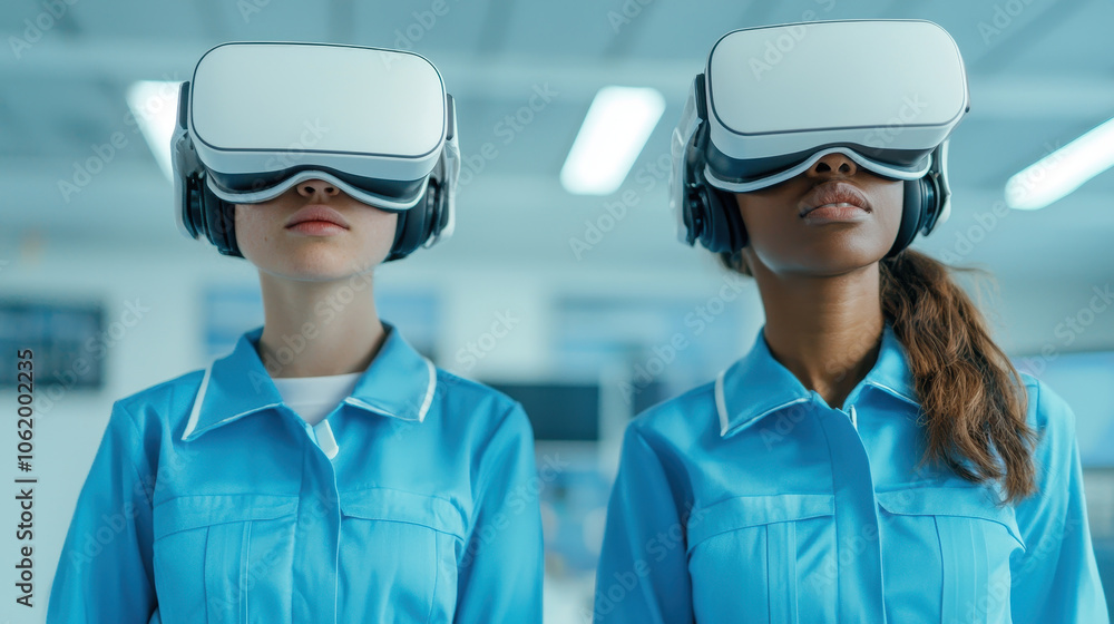 Two women wearing virtual reality headsets in blue uniforms, engaged in immersive training. Their focused expressions reflect innovative technology used in modern learning Two women wearing virtual reality headsets in blue uniforms, engaged in immersive training. Their focused expressions reflect innovative technology used in modern learning