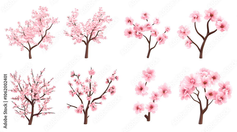 Fototapeta premium Collection of cherry blossom trees in various styles isolate on transparent background, png, cutout