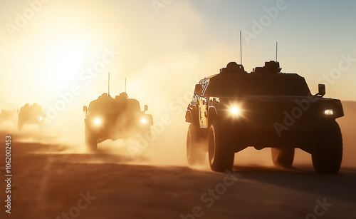 Armored military vehicles driving through a desert landscape at sunset, creating a dramatic silhouette against the dusty sky.