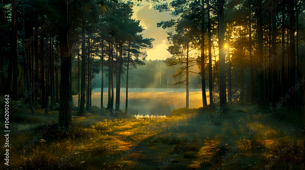 Serene Forest at Dusk with Long Shadows Serene Forest at Dusk with Long Shadows