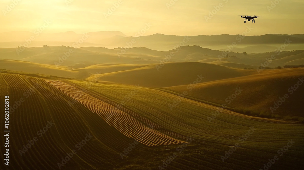 Fototapeta premium Drone Flying Over Rolling Hills at Sunset