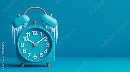 A turquoise alarm clock with icicles hanging from its bells showcases a playful blend of time and winter themes against a matching background.