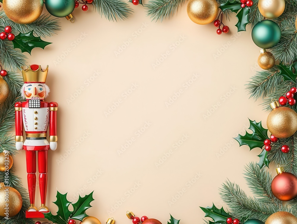 Golden Nutcracker frame with baubles and holly leaves, elegant Christmas decor, 3D illustration Golden Nutcracker frame with baubles and holly leaves, elegant Christmas decor, 3D illustration
