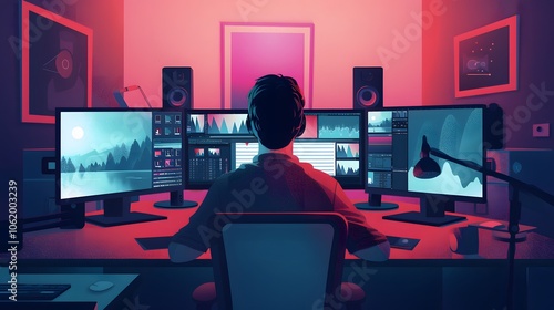 Gamer s Immersive Red and Purple Neon Lit Workstation Setup photo