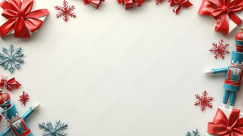 Nutcracker soldiers forming a festive frame, snowflakes and red bows on solid background, 3D illustration Nutcracker soldiers forming a festive frame, snowflakes and red bows on solid background, 3D illustration