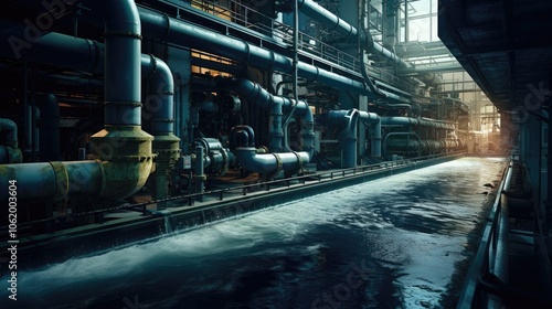 Create a futuristic scenario where advanced technology is used to minimize the environmental impact of wastewater discharge, featuring high-tech filtration systems and clean, controlled releases.  photo